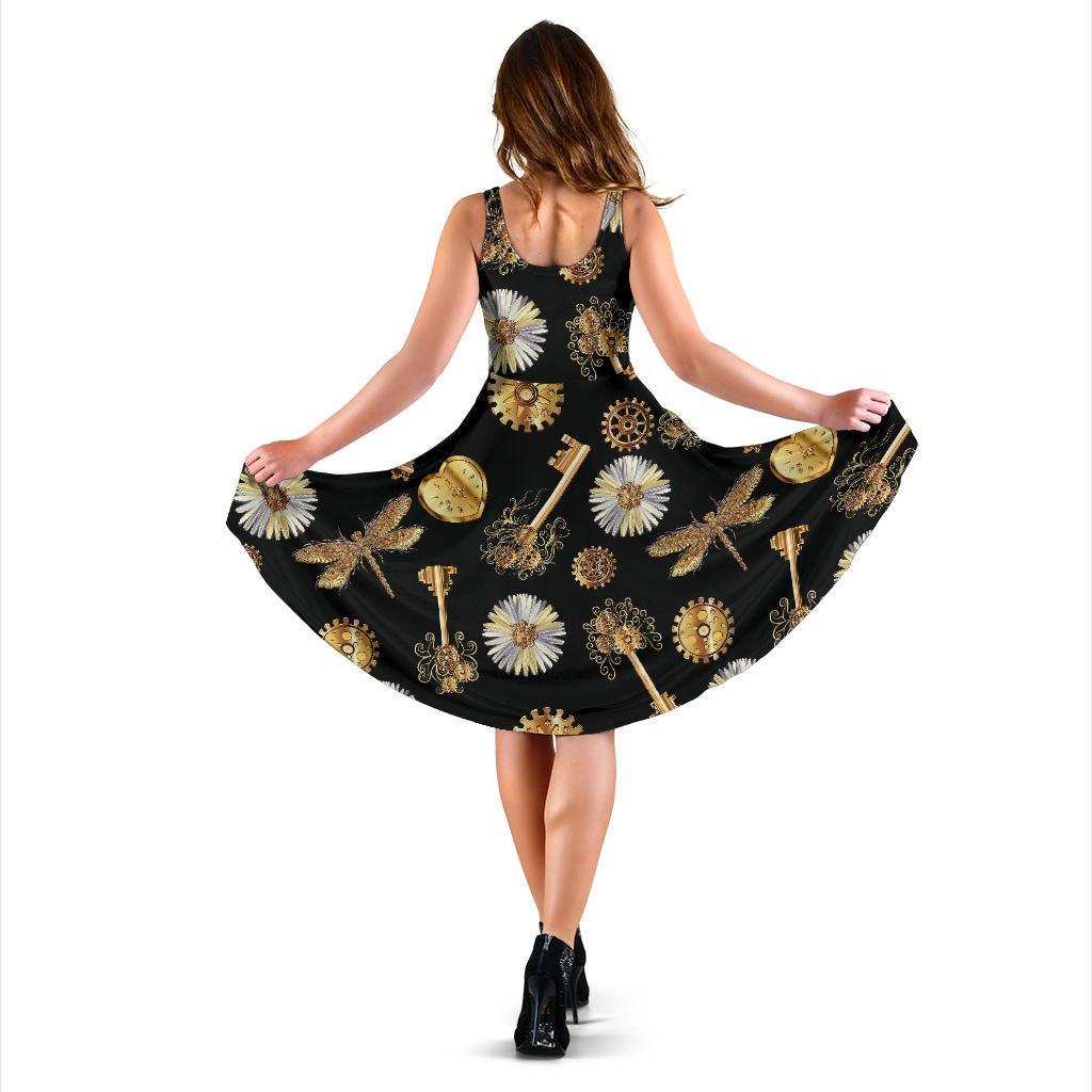 Floral Steampunk Pattern Print Dress-grizzshop