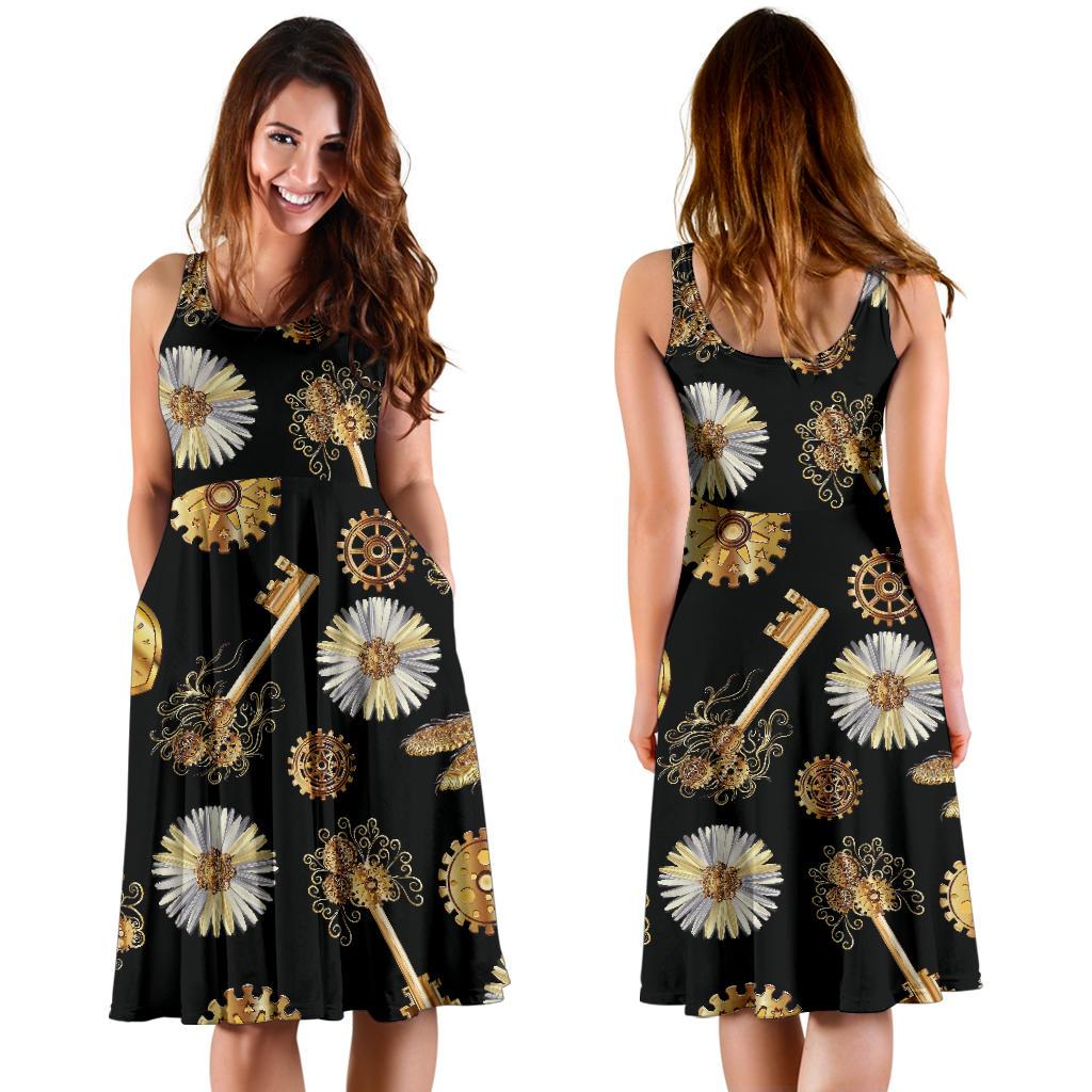 Floral Steampunk Pattern Print Dress-grizzshop