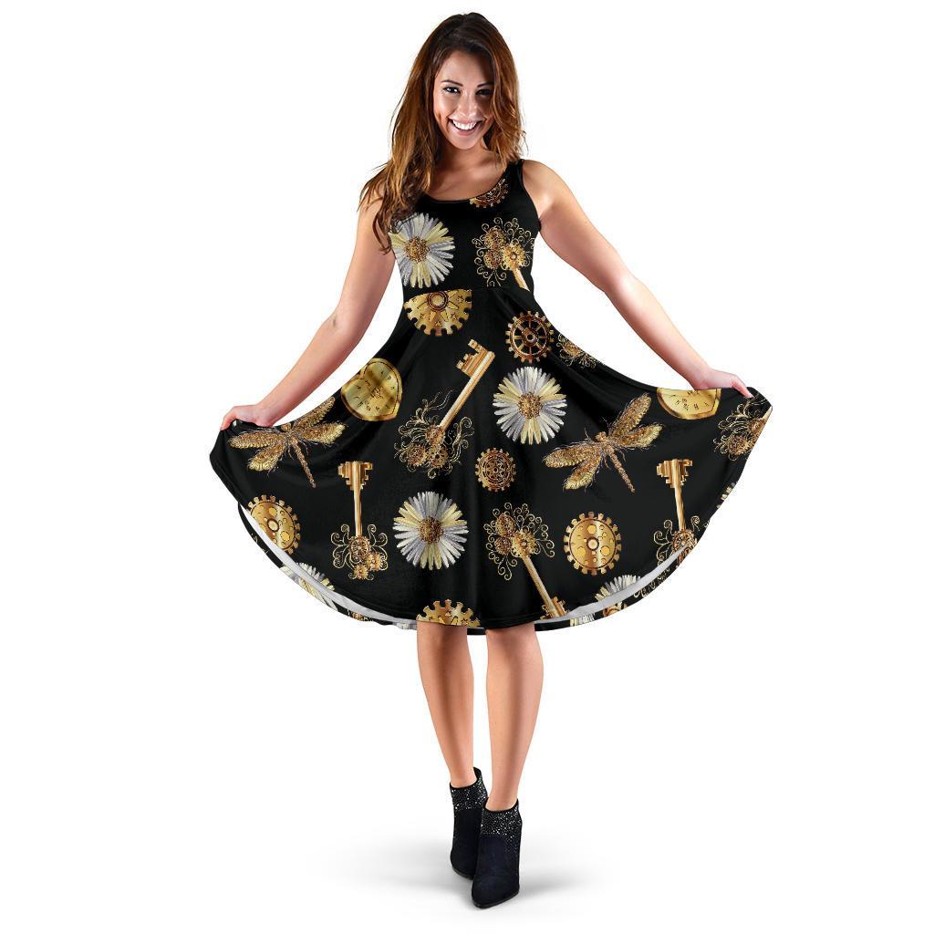 Floral Steampunk Pattern Print Dress-grizzshop