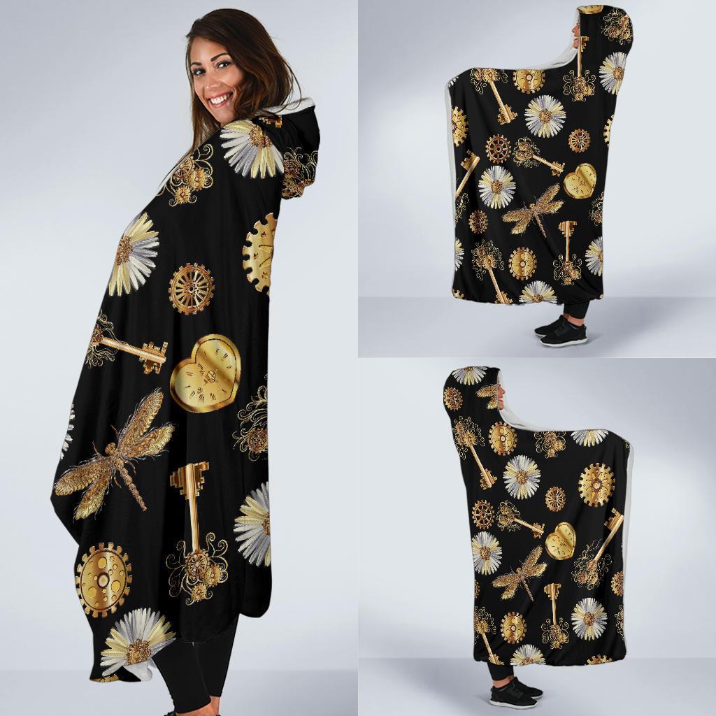 Floral Steampunk Pattern Print Hooded Blanket-grizzshop