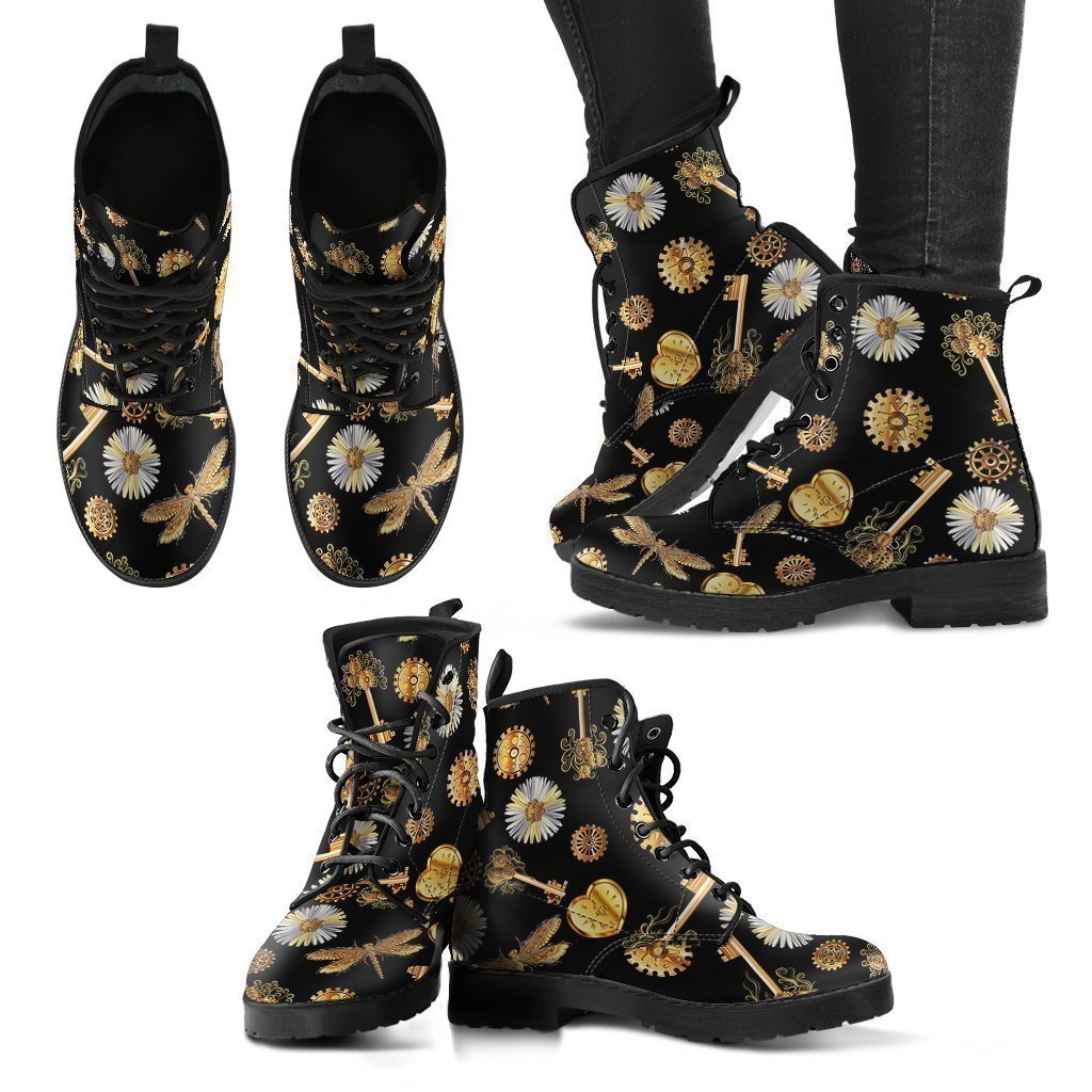 Floral Steampunk Pattern Print Men Women Leather Boots-grizzshop