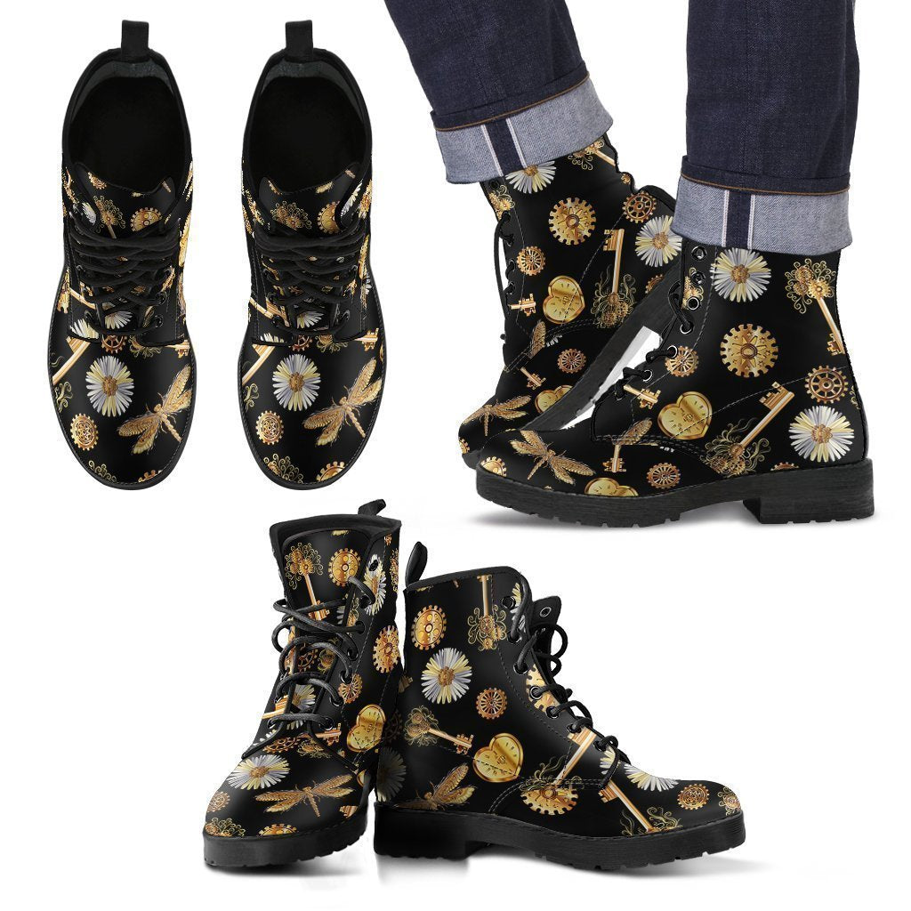 Floral Steampunk Pattern Print Men Women Leather Boots-grizzshop