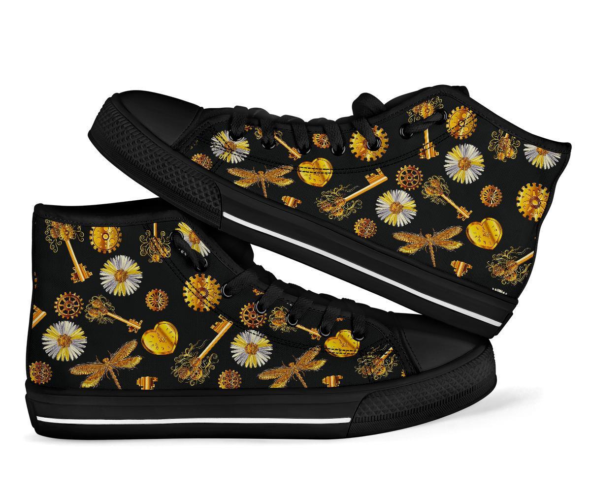 Floral Steampunk Pattern Print Men Women's High Top Shoes-grizzshop