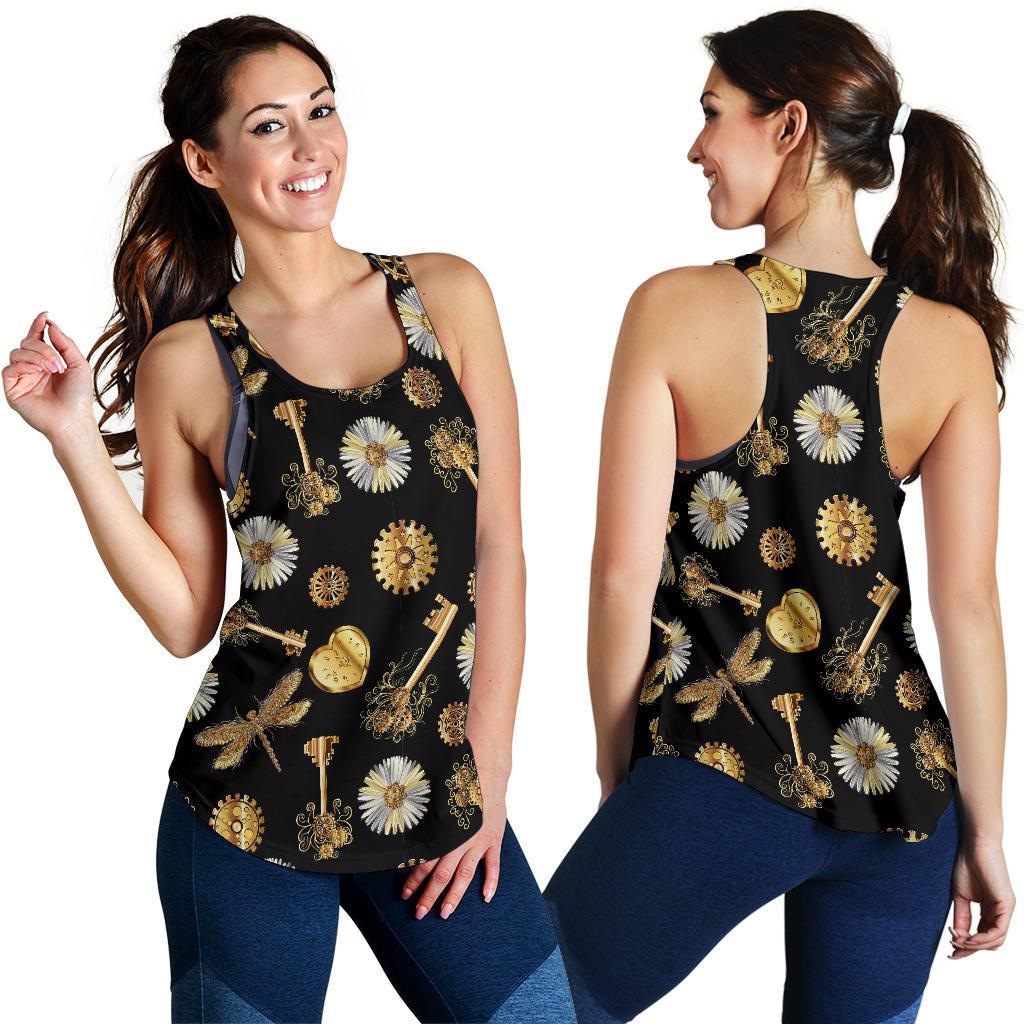 Floral Steampunk Pattern Print Women's Racerback Tank Tops-grizzshop