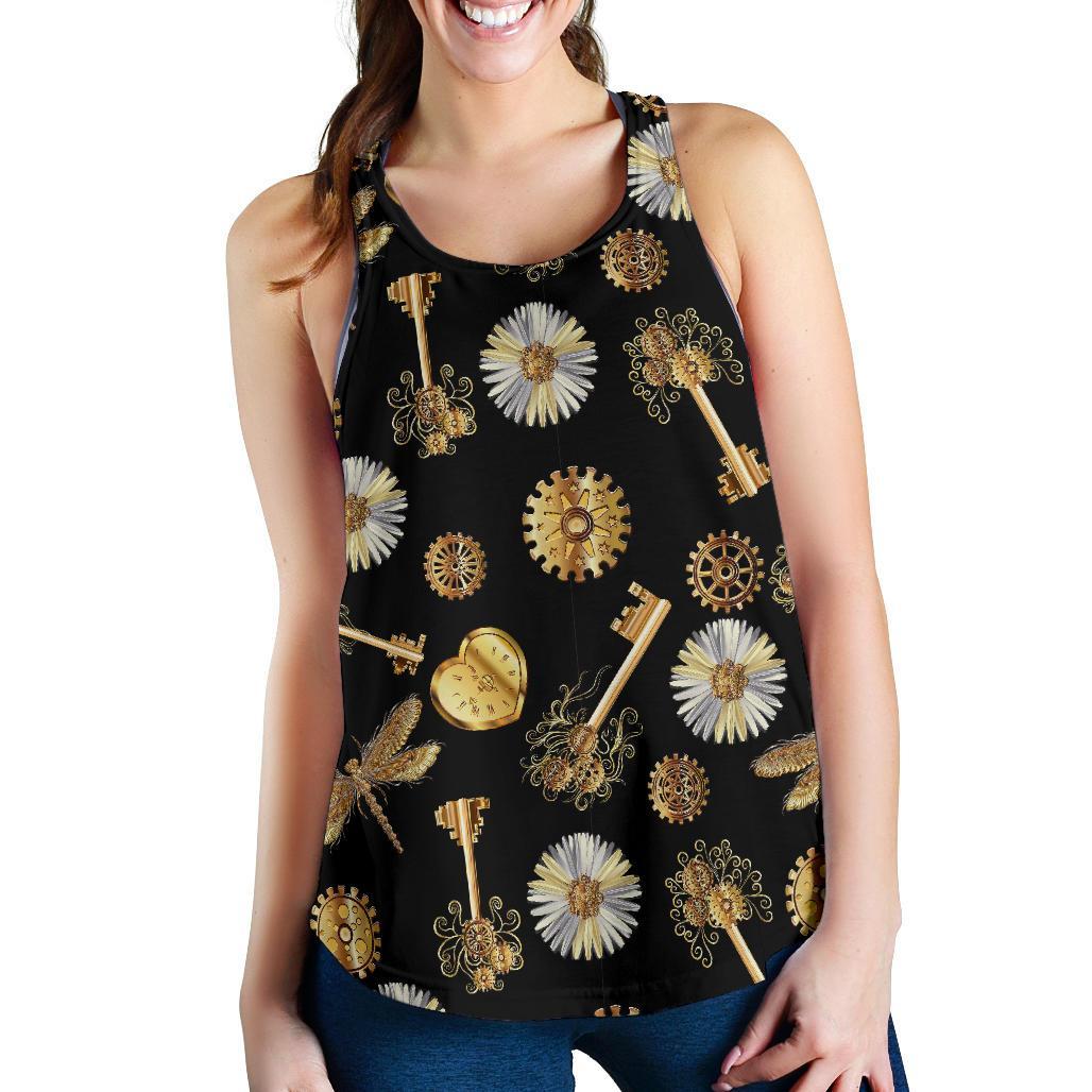 Floral Steampunk Pattern Print Women's Racerback Tank Tops-grizzshop