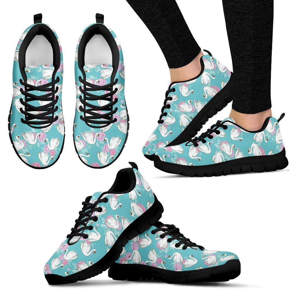Floral Swan Pattern Print Black Sneaker Shoes For Men Women-grizzshop