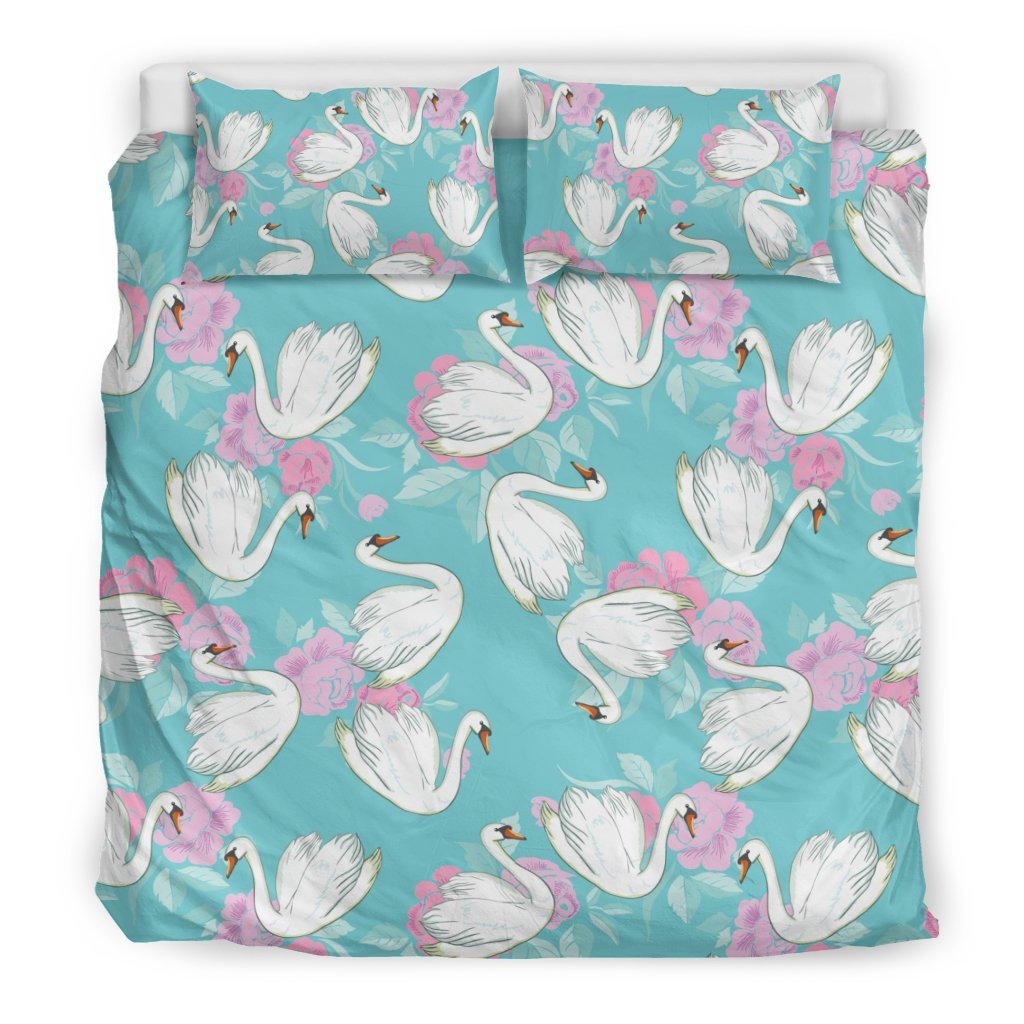 Floral Swan Pattern Print Duvet Cover Bedding Set-grizzshop