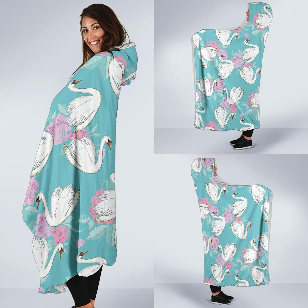 Floral Swan Pattern Print Hooded Blanket-grizzshop