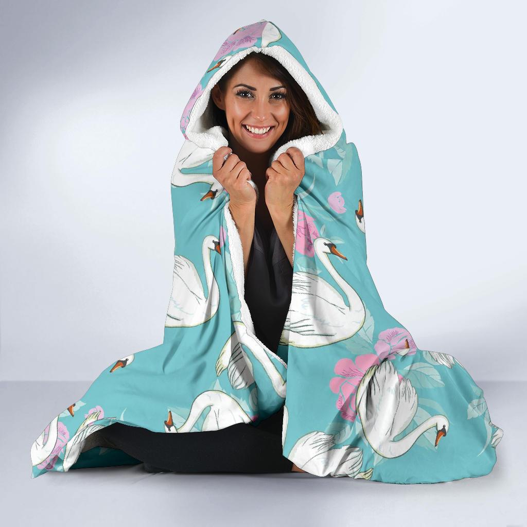 Floral Swan Pattern Print Hooded Blanket-grizzshop