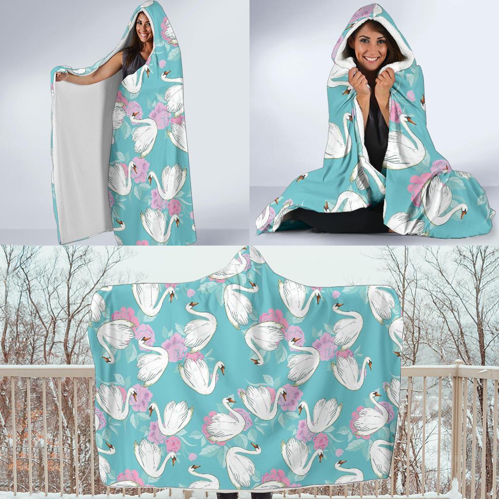 Floral Swan Pattern Print Hooded Blanket-grizzshop