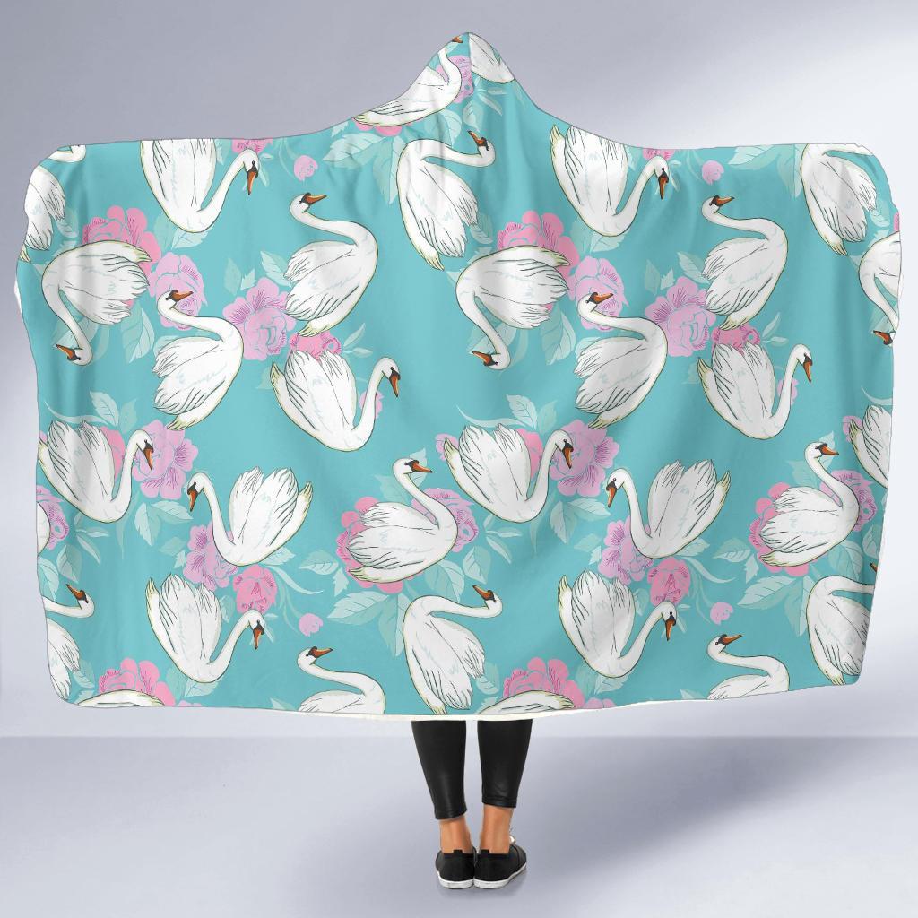Floral Swan Pattern Print Hooded Blanket-grizzshop