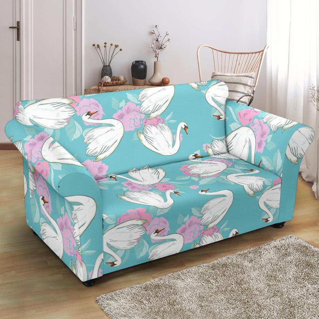 Floral Swan Pattern Print Loveseat Cover-grizzshop