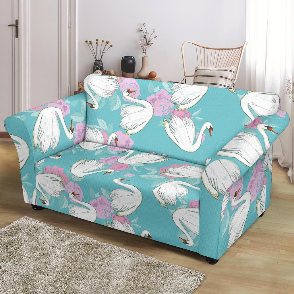 Floral Swan Pattern Print Loveseat Cover-grizzshop