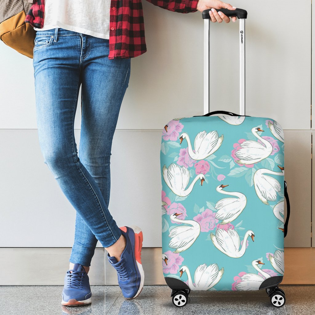 Floral Swan Pattern Print Luggage Cover Protector-grizzshop