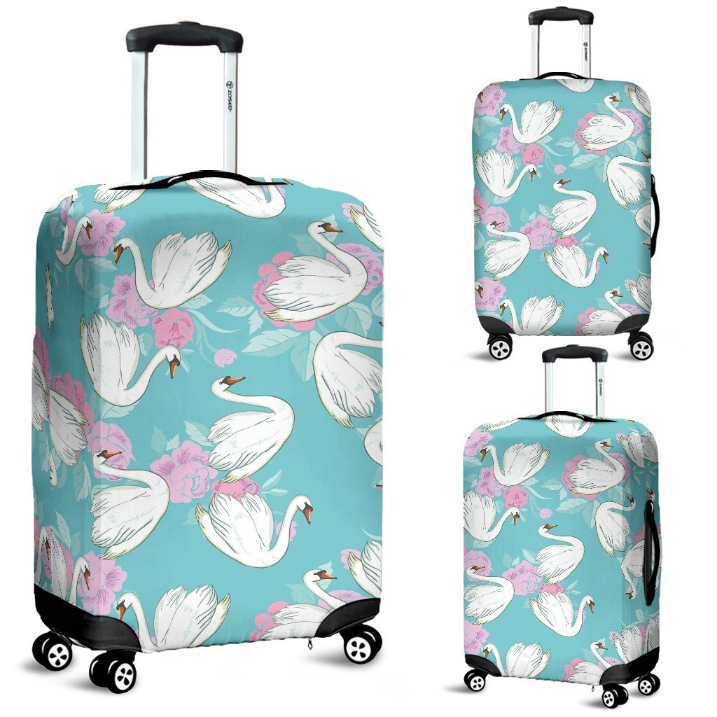 Floral Swan Pattern Print Luggage Cover Protector-grizzshop