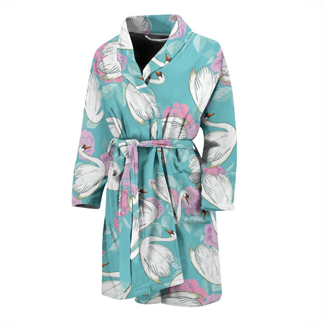 Floral Swan Pattern Print Men Long Robe-grizzshop