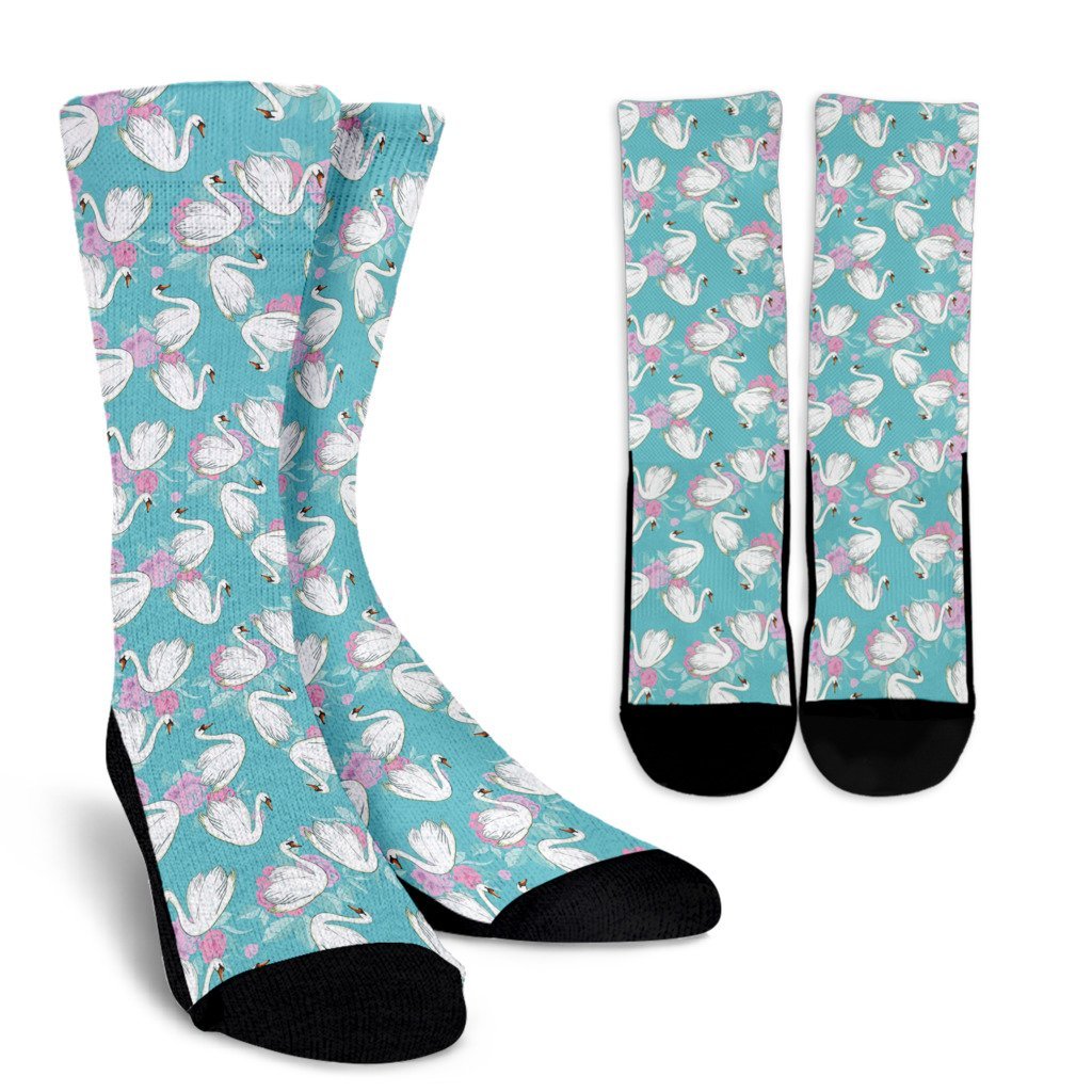 Floral Swan Pattern Print Unisex Crew Socks-grizzshop