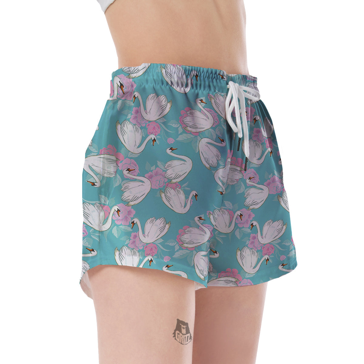 Floral Swan Pattern Print Women's Shorts-grizzshop