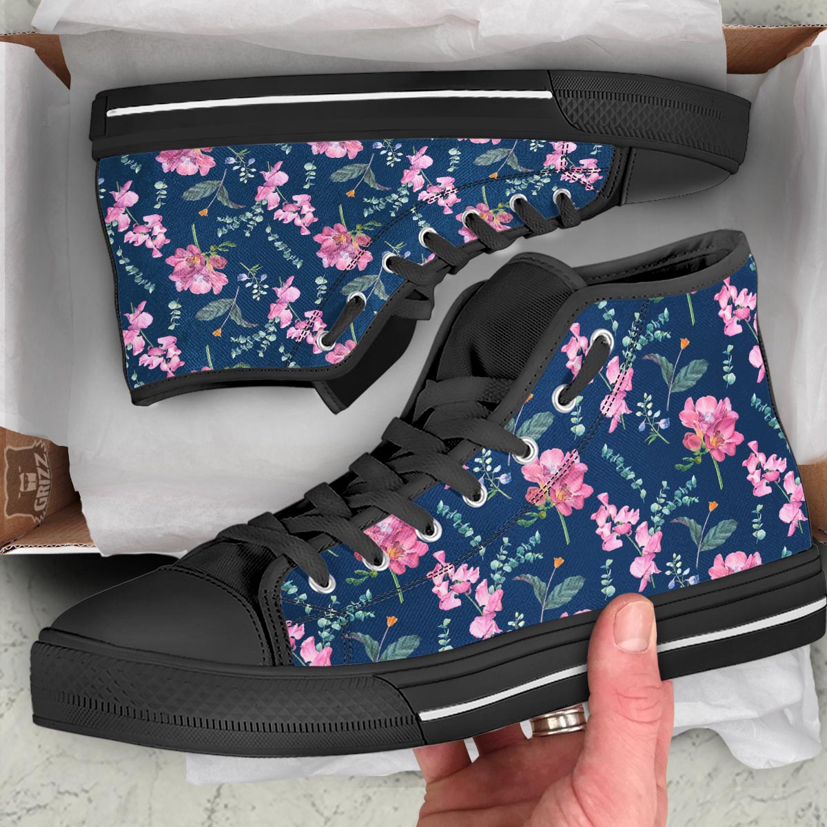 Floral Sweet Pea Print Pattern Black High Top Shoes-grizzshop
