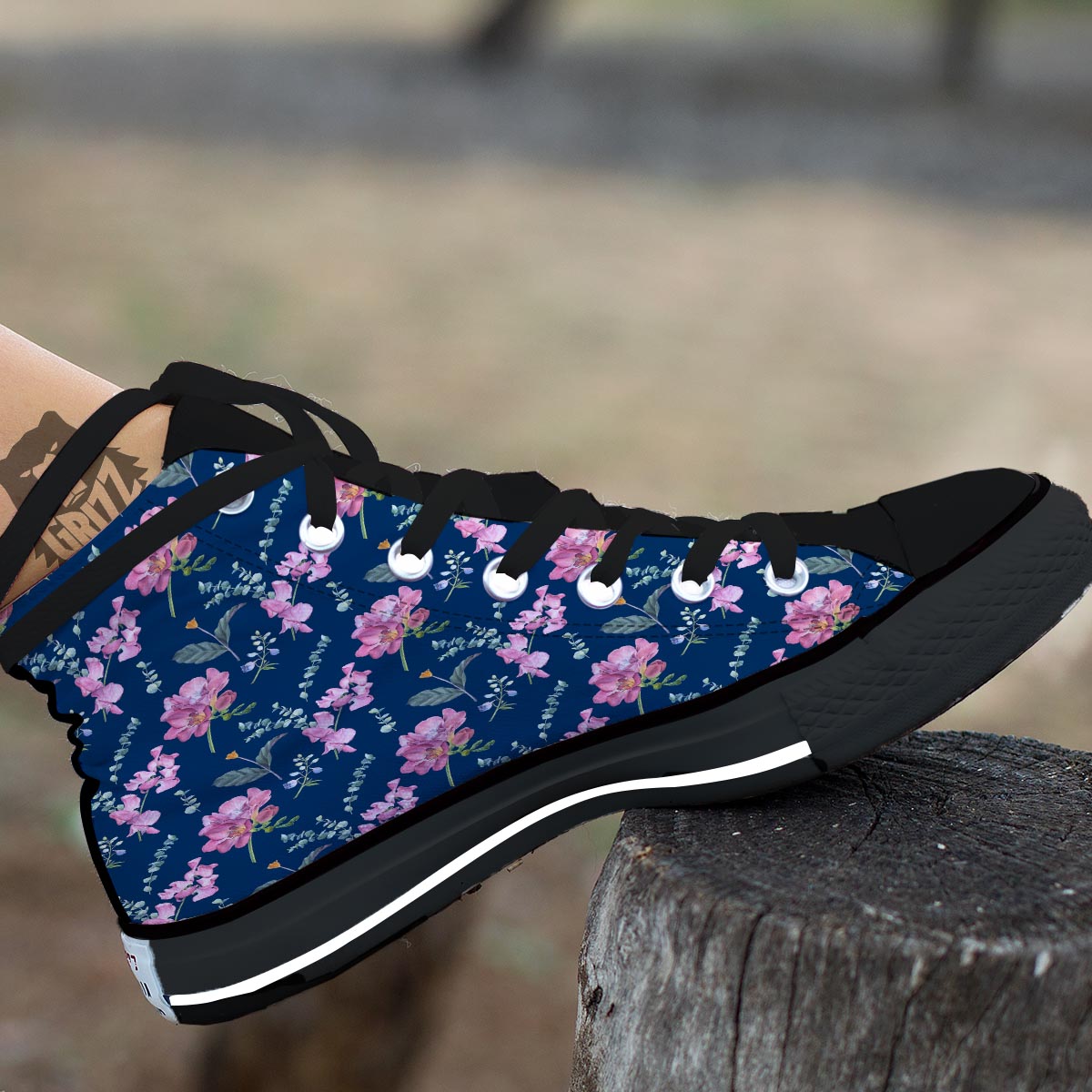 Floral Sweet Pea Print Pattern Black High Top Shoes-grizzshop