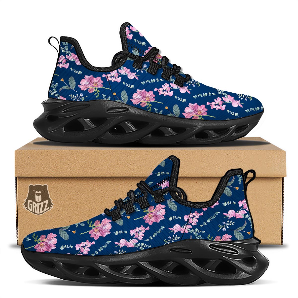 Floral Sweet Pea Print Pattern Black Running Shoes-grizzshop