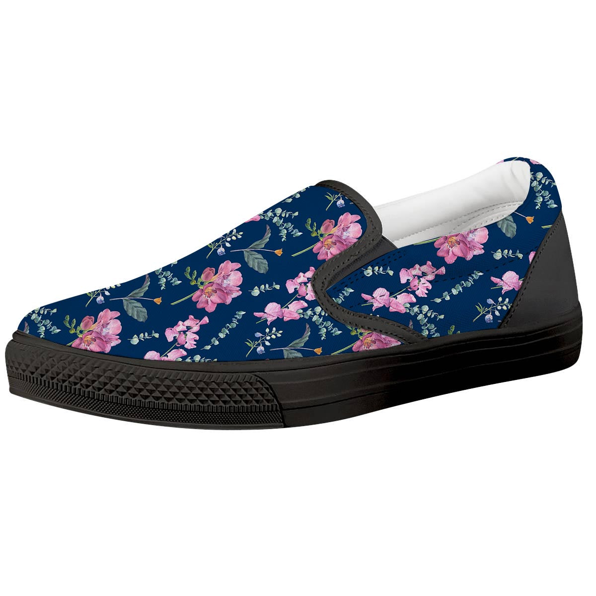 Floral Sweet Pea Print Pattern Black Slip On Shoes-grizzshop