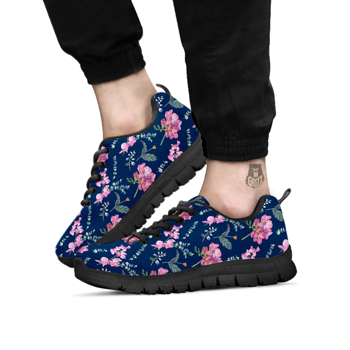 Floral Sweet Pea Print Pattern Black Sneaker-grizzshop