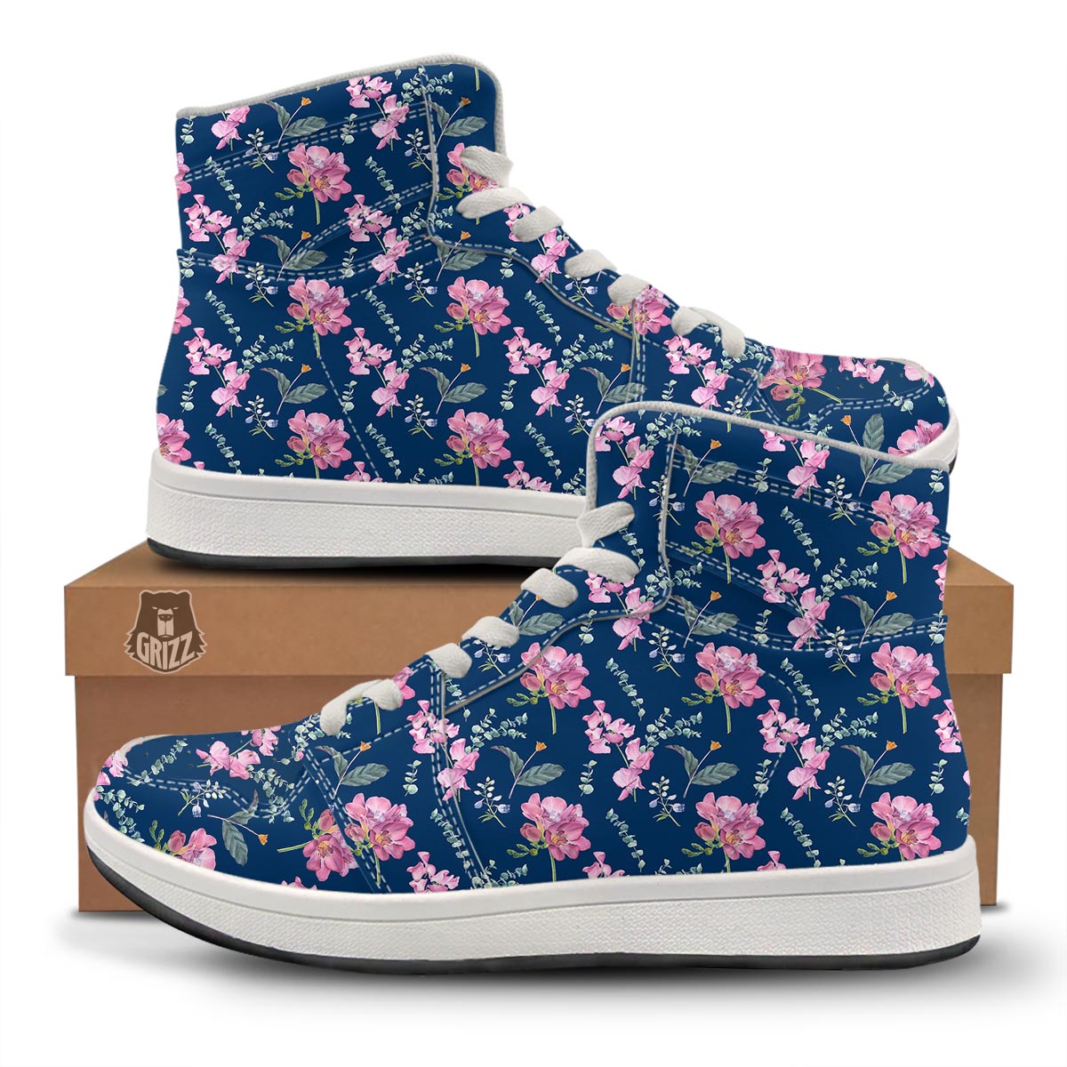 Floral Sweet Pea Print Pattern High Top Sneakers-grizzshop