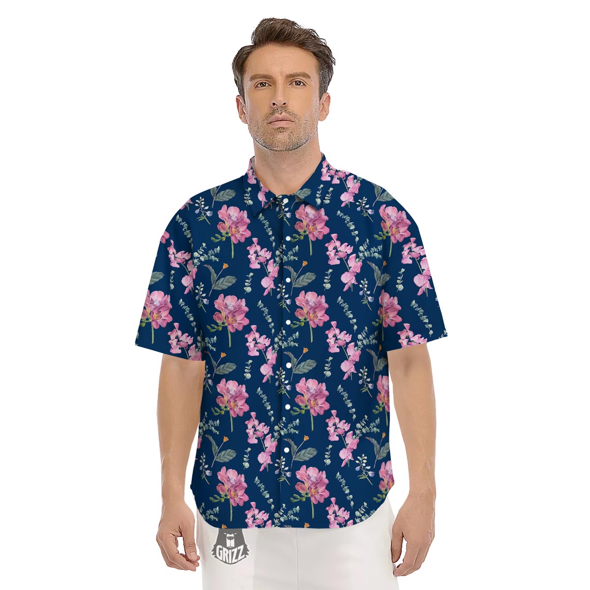 Floral Sweet Pea Print Pattern Men's Short Sleeve Shirts-grizzshop