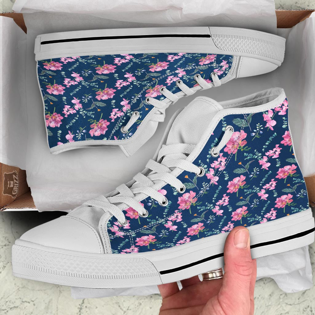 Floral Sweet Pea Print Pattern White High Top Shoes-grizzshop