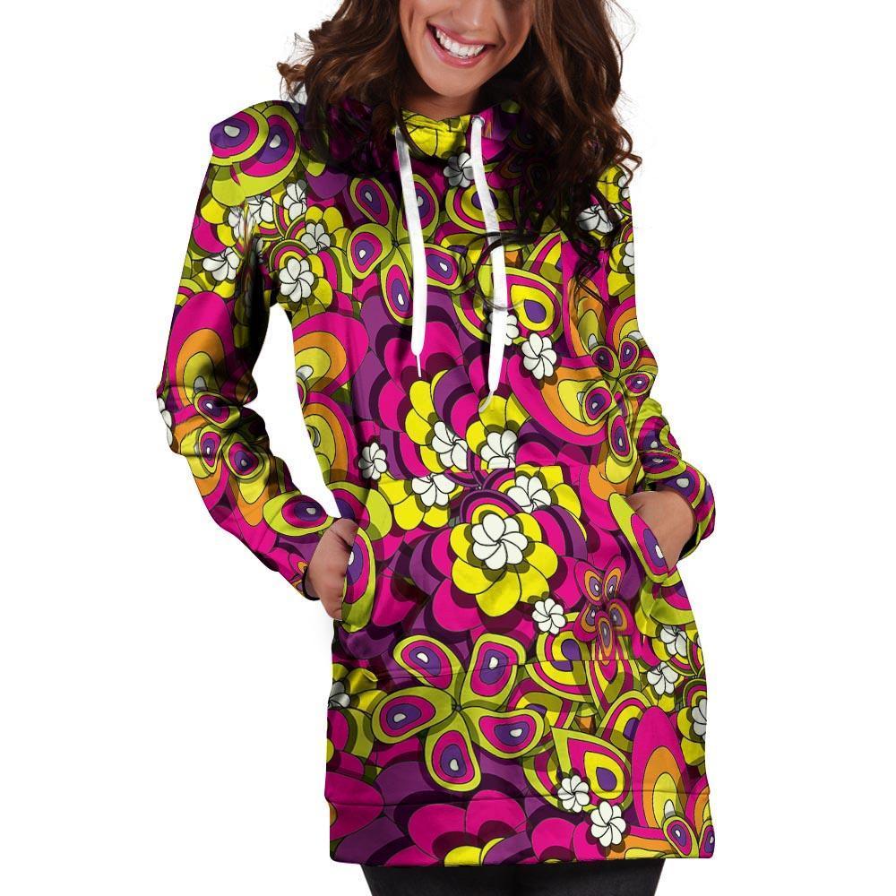 Floral Trippy Hoodie Dress-grizzshop