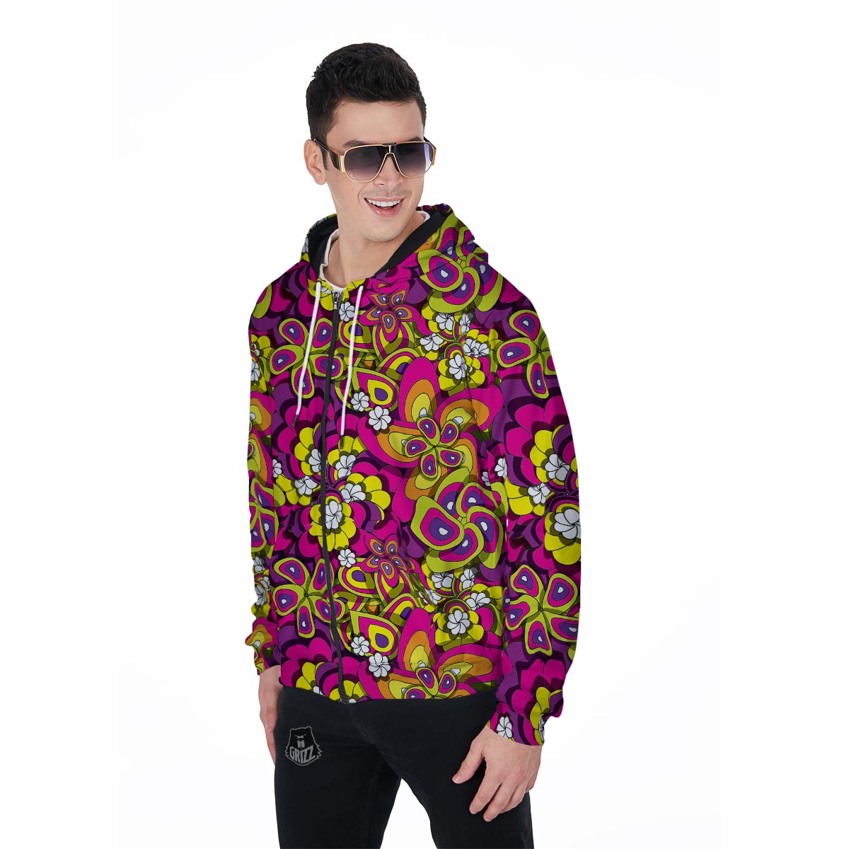 Floral Trippy Men's Zip Up Hoodie-grizzshop