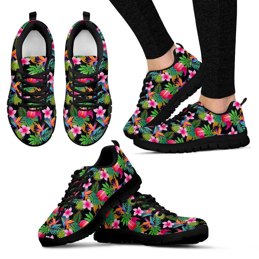 Floral Tropical Hawaiian Flower Hibiscus Palm Leaves Pattern Print Black Sneaker Shoes For Men Women-grizzshop