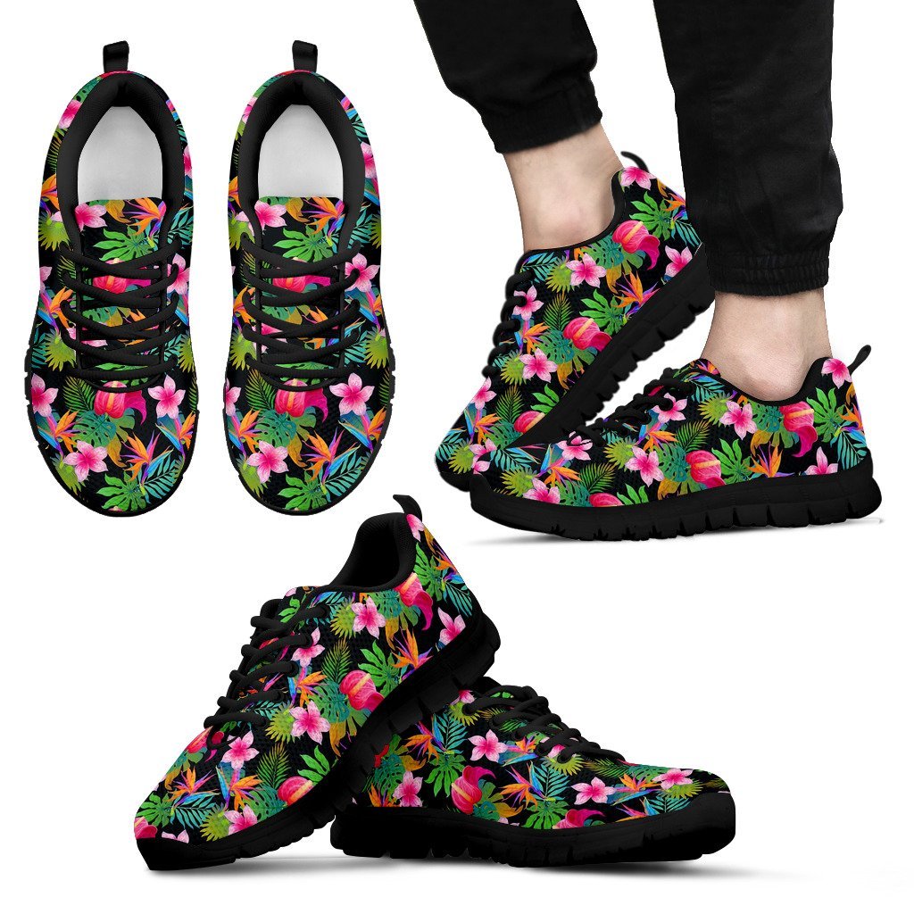 Floral Tropical Hawaiian Flower Hibiscus Palm Leaves Pattern Print Black Sneaker Shoes For Men Women-grizzshop