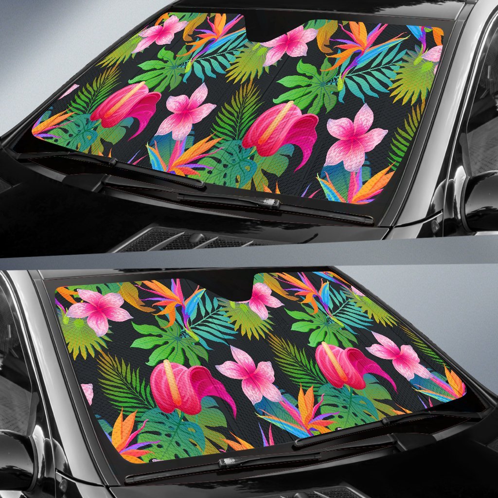 Floral Tropical Hawaiian Flower Hibiscus Palm Leaves Pattern Print Car Sun Shade-grizzshop