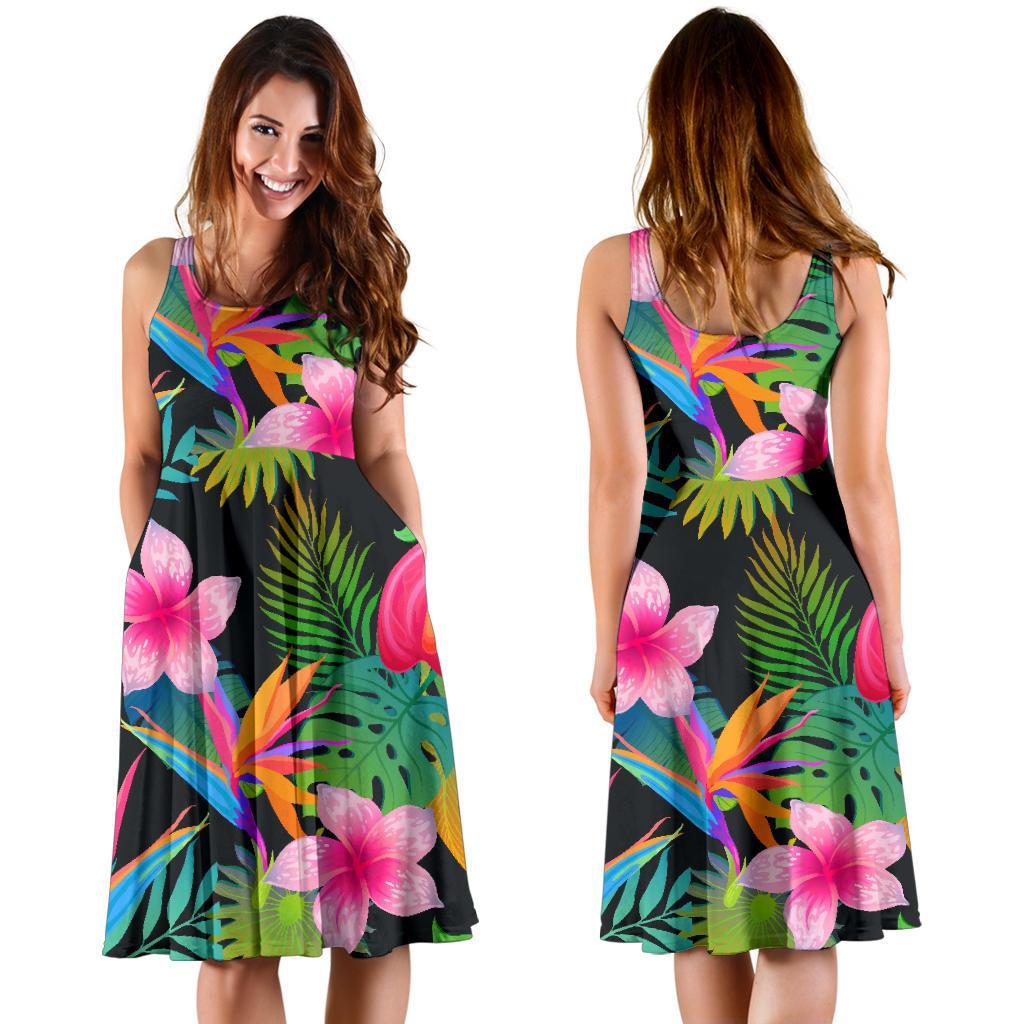 Floral Tropical Hawaiian Flower Hibiscus Palm Leaves Pattern Print Dress-grizzshop