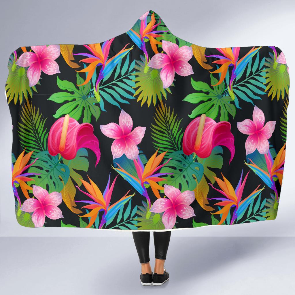 Floral Tropical Hawaiian Flower Hibiscus Palm Leaves Pattern Print Hooded Blanket-grizzshop