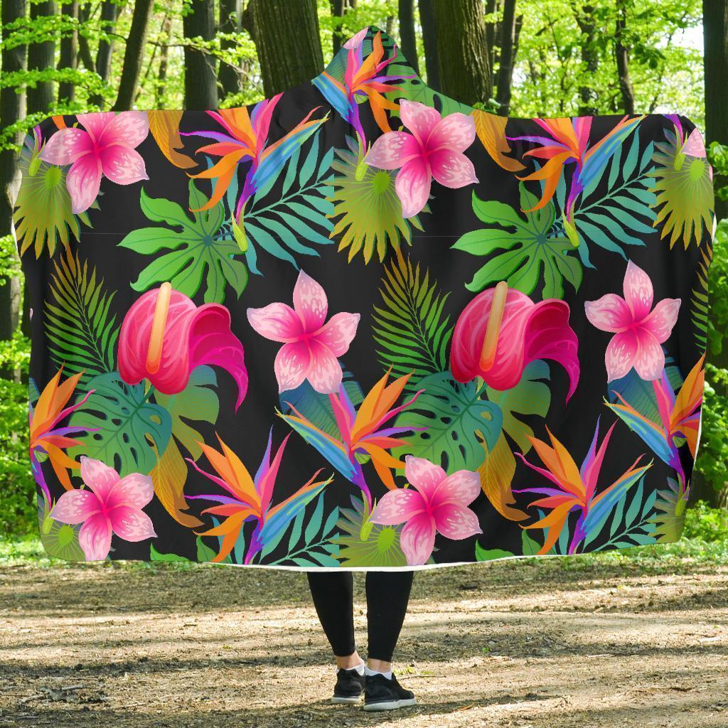 Floral Tropical Hawaiian Flower Hibiscus Palm Leaves Pattern Print Hooded Blanket-grizzshop