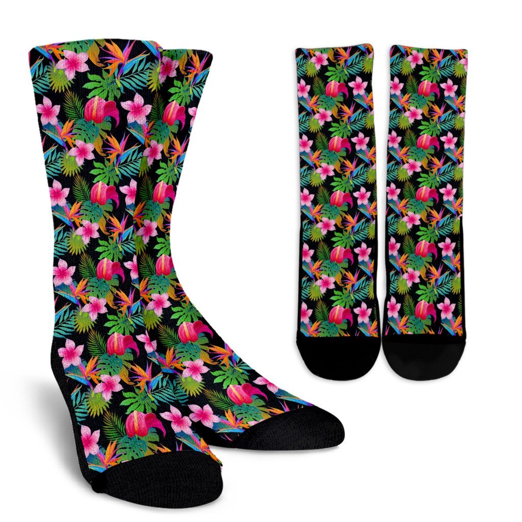 Floral Tropical Hawaiian Flower Hibiscus Palm Leaves Pattern Print Unisex Crew Socks-grizzshop