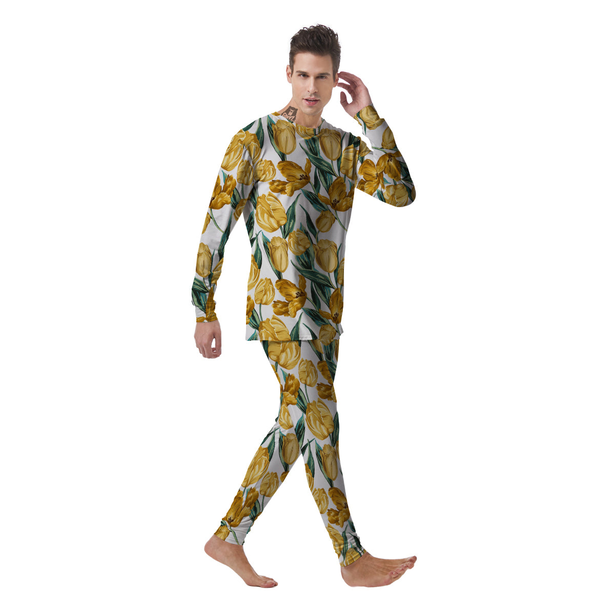 Floral Tulip Yellow Print Pattern Men's Pajamas-grizzshop