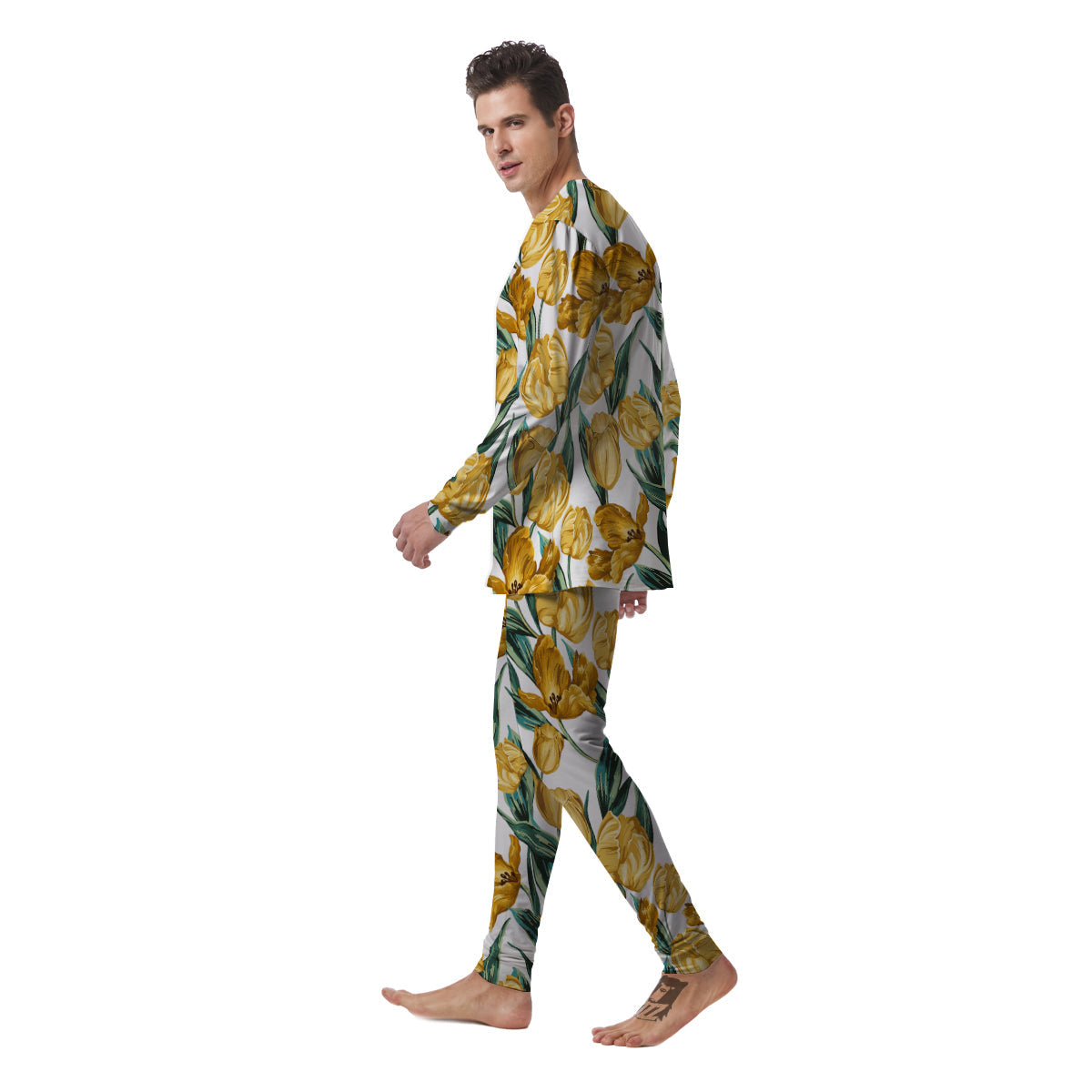 Floral Tulip Yellow Print Pattern Men's Pajamas-grizzshop