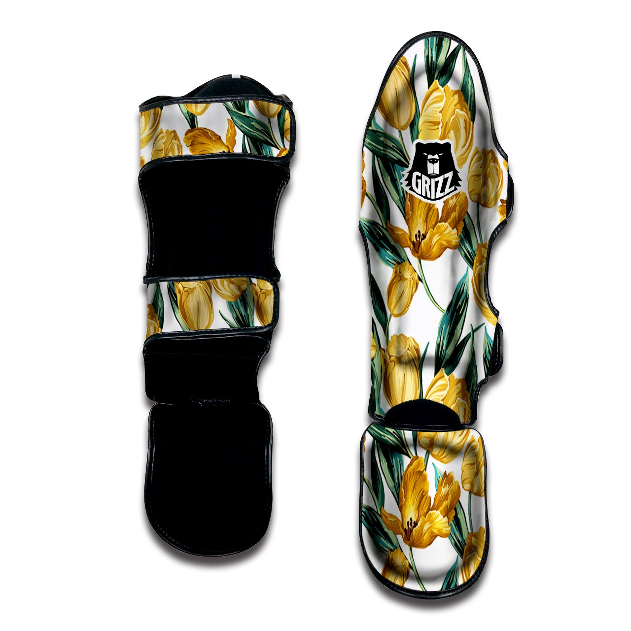 Floral Tulip Yellow Print Pattern Muay Thai Shin Guards-grizzshop