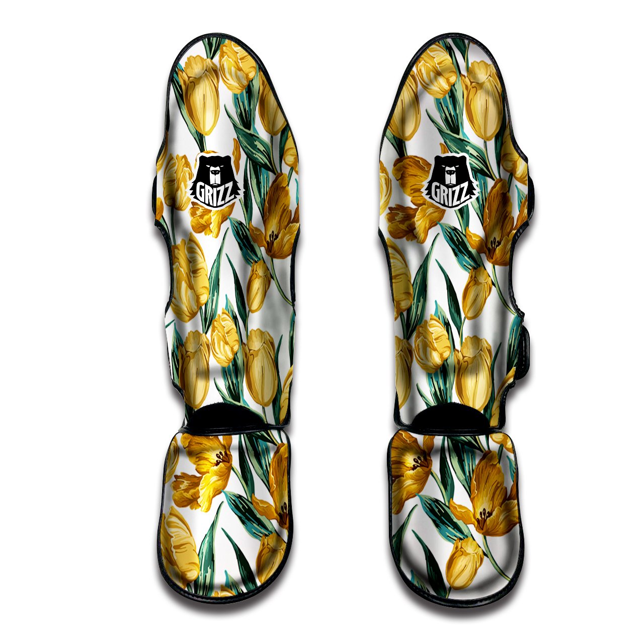 Floral Tulip Yellow Print Pattern Muay Thai Shin Guards-grizzshop