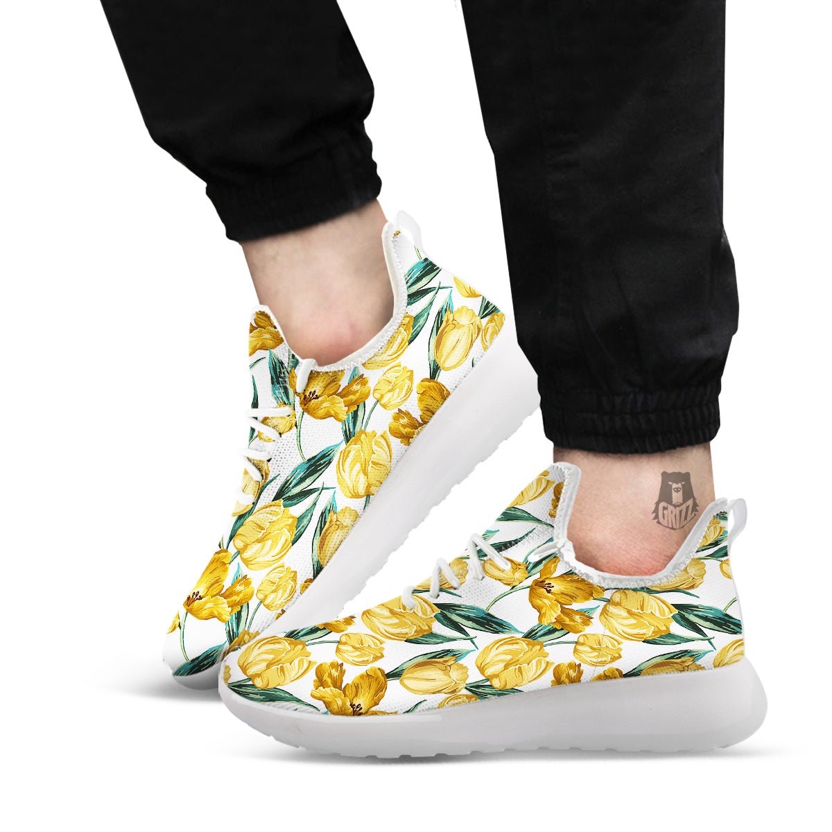 Floral Tulip Yellow Print Pattern White Athletic Shoes-grizzshop