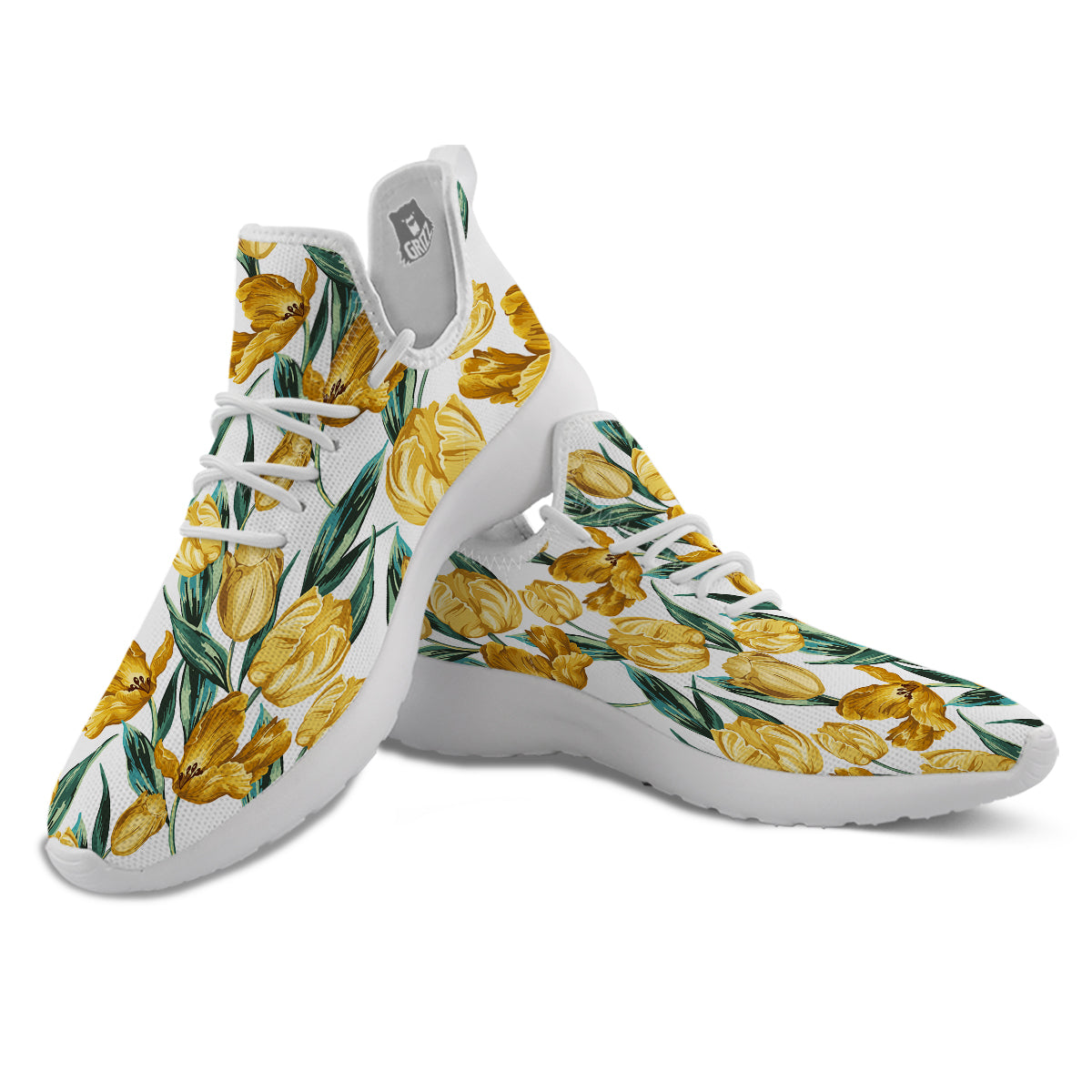 Floral Tulip Yellow Print Pattern White Athletic Shoes-grizzshop