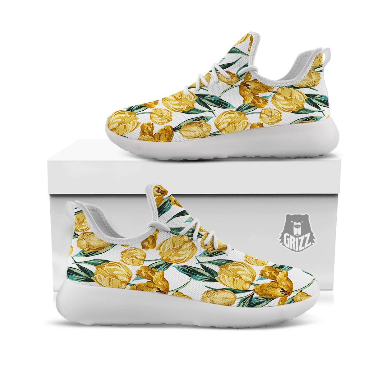 Floral Tulip Yellow Print Pattern White Athletic Shoes-grizzshop