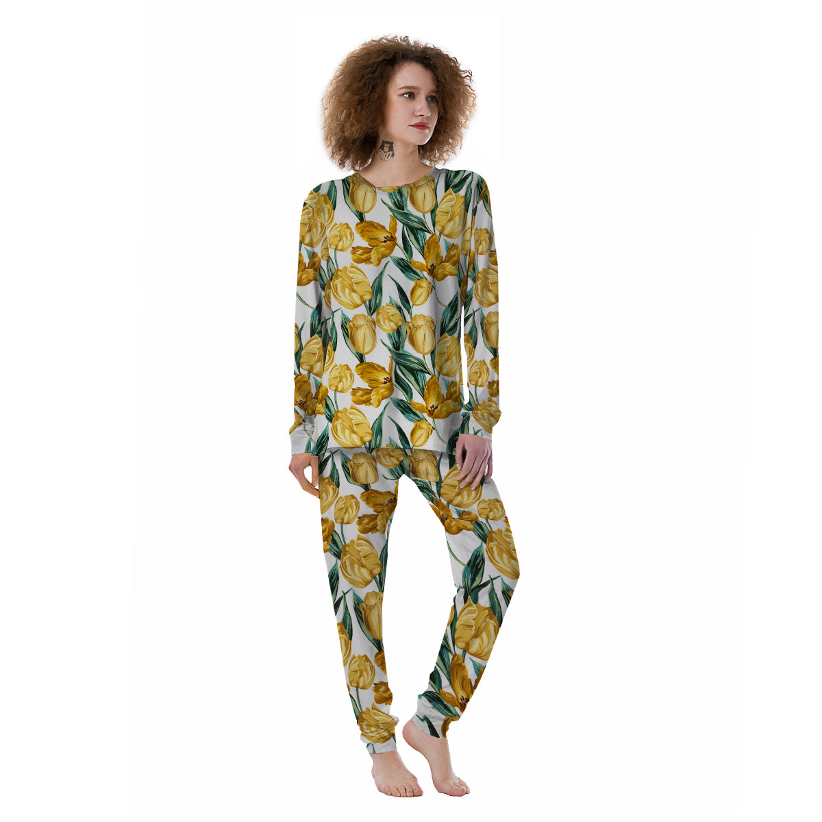 Floral Tulip Yellow Print Pattern Women's Pajamas-grizzshop