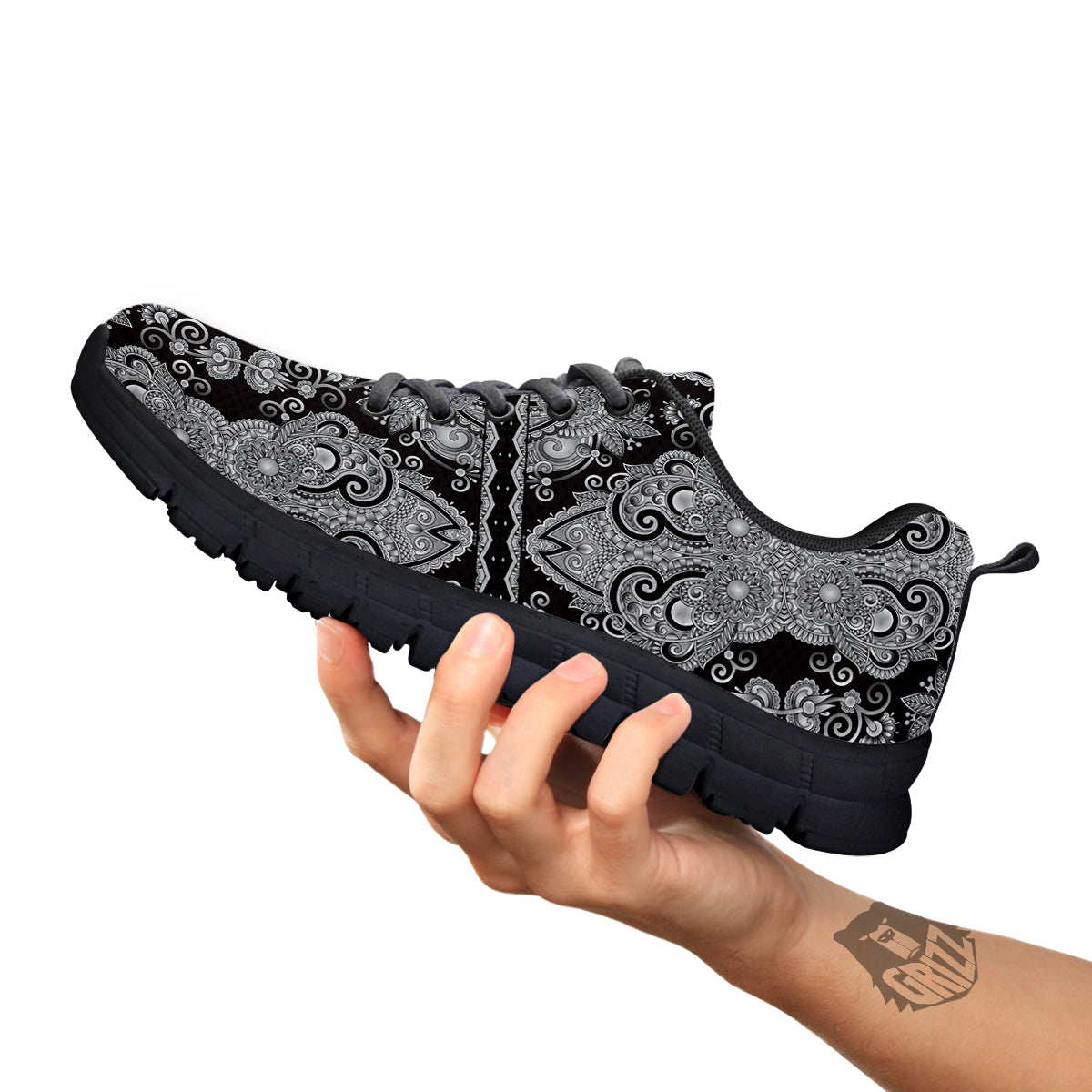 Floral Western Grey And White Print Pattern Black Sneaker-grizzshop