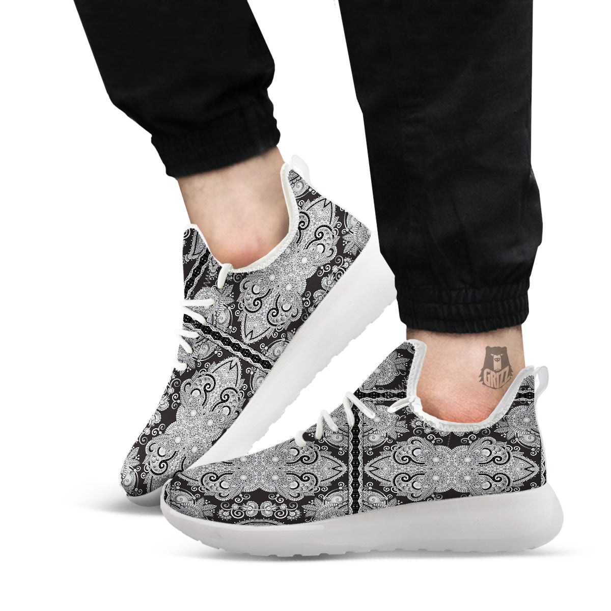 Floral Western Grey And White Print Pattern White Athletic Shoes-grizzshop