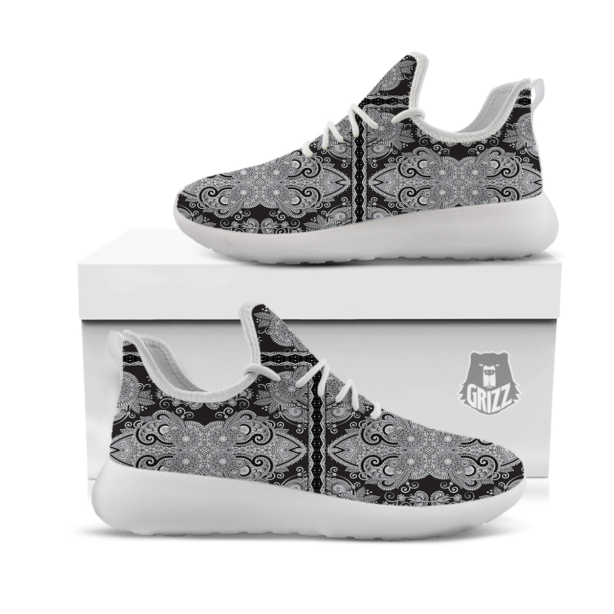 Floral Western Grey And White Print Pattern White Athletic Shoes-grizzshop